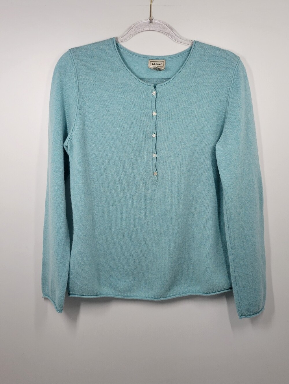 LL Bean 100% Cashmere Teal Blue 1/2 Button Pull Over Sweater Women Size Medium